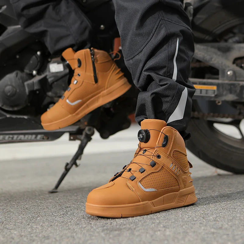 Cowhide Motorcycle Genuine Leather Riders Shoes Men Anti-Slip Breathable Motos Protective Boots Outdoor Hiking Cycling Shoe Gift