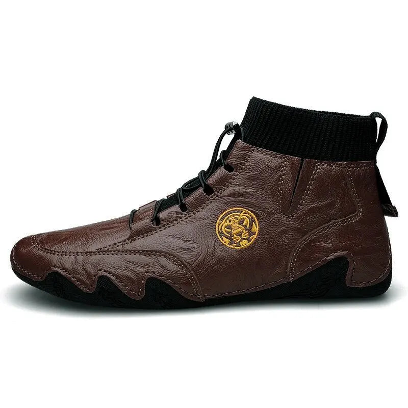 CLOHOO Men's Wear-resistant Boots Casual Classic Genuine Leather Handmade Shoes Ankle Round Toe Lace Up Walking Business Boot