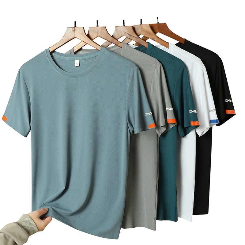 Men's Silk Ice Round Collar T-shirt, Simple Running Fitness Suit, Breathable Thin T-shirt, Quick Dry T-shirt, Summer