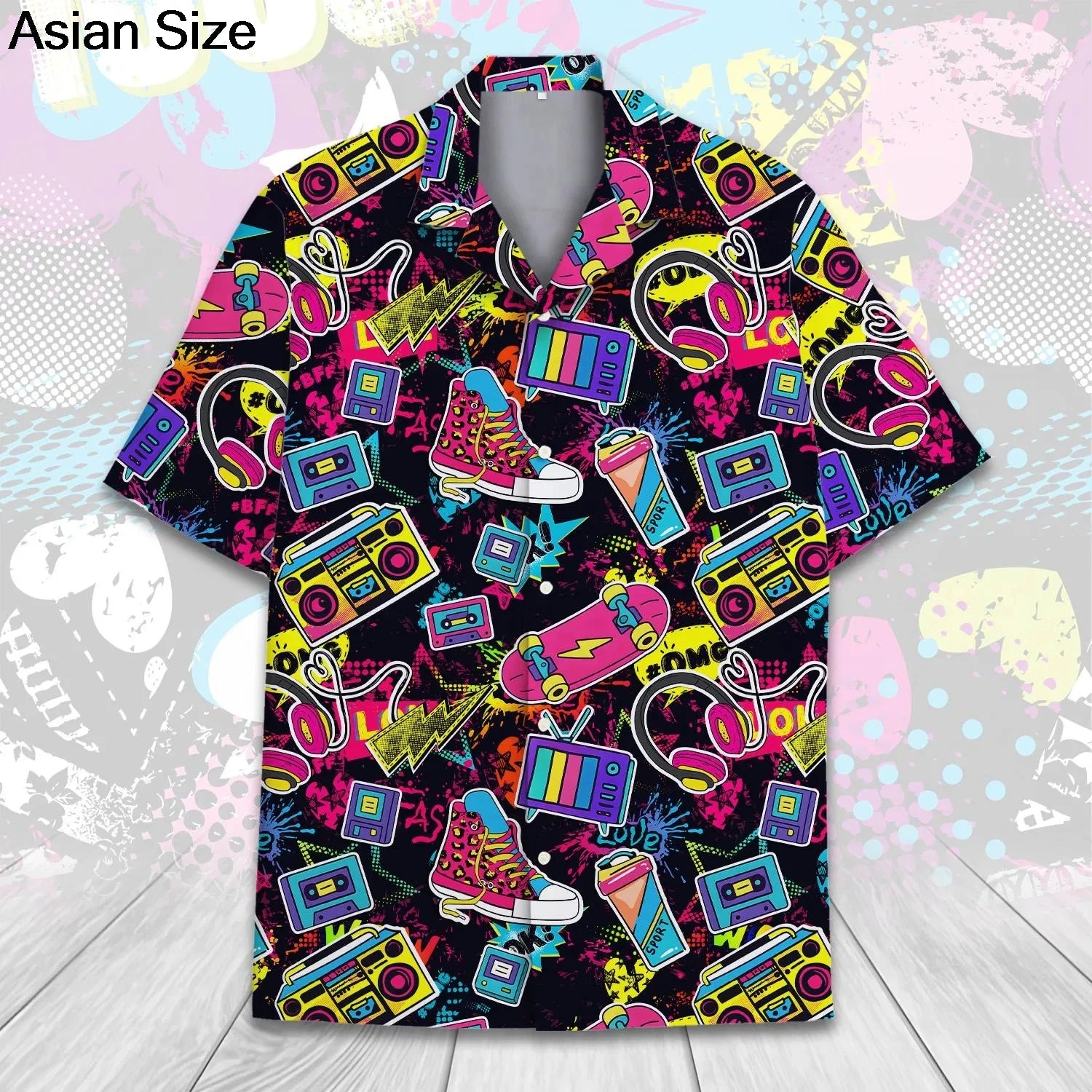 Retro 80s Pop Art Hawaiian Shirt 2025 Neon Cassette Skateboard Headphone Shirt, Vintage 90s Party Button-Up Summer Unisex Shirts
