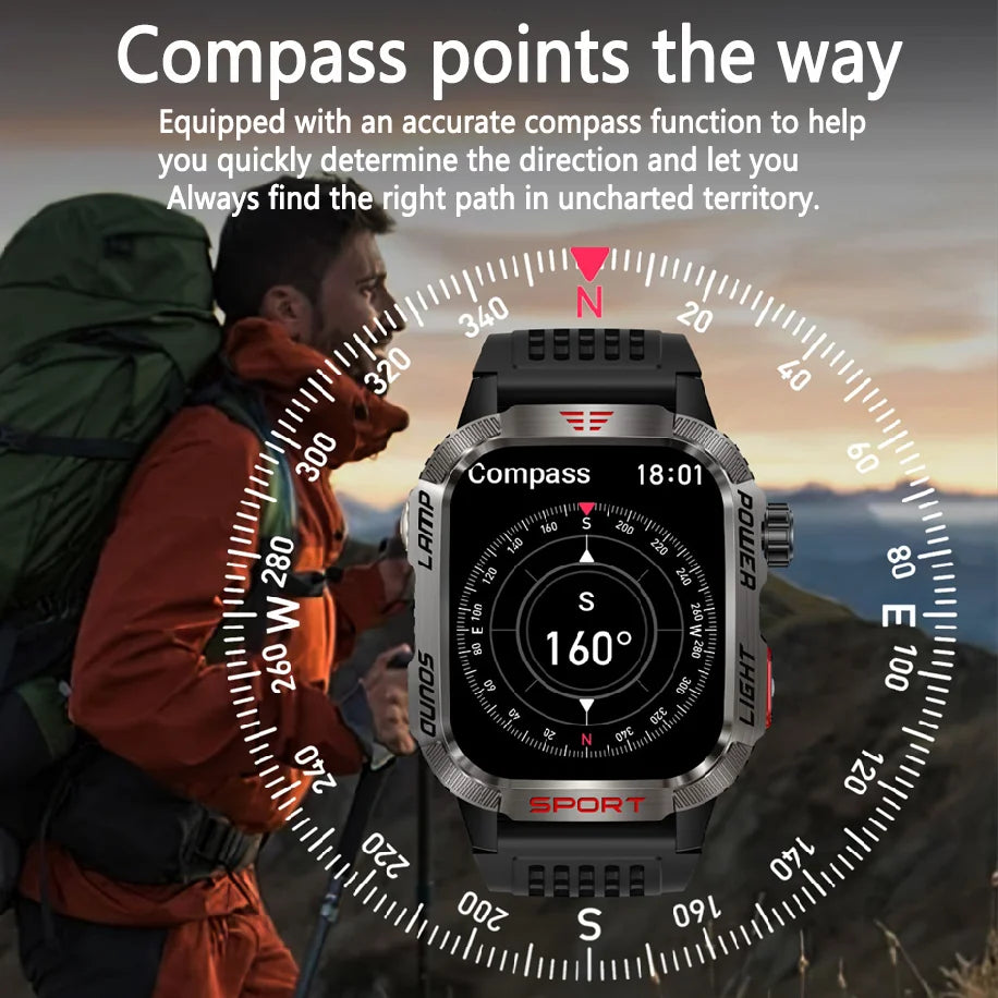 2025 New Outdoor Sport Smart Watch Men Compass LED Flashlight 600mAh Battery Health Monitoring Waterproof BT Call Smartwatch