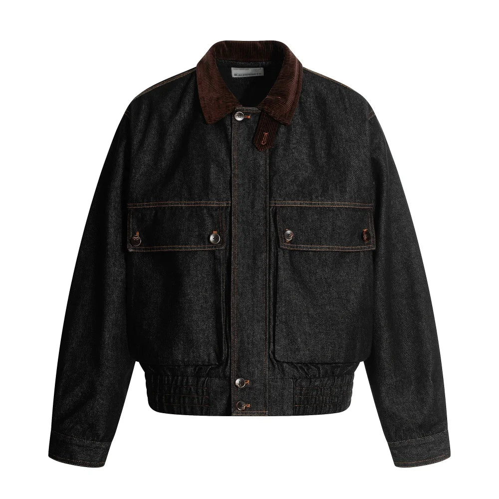Big Pocket Denim Cargo Jacket Mens Autumn Retro Casual Spliced Lapel Loose Long Sleeve Outerwear Man