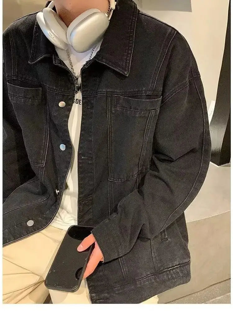 Trendy Men's Denim Jacket Autumn Winter, Ripped & Patchwork Design, Oversized Fit, Urban Street Style, Unisex