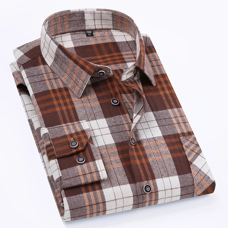 Men's 100% Pure Cotton Flannel Soft Regular-fit Long Sleeve Brushed  Shirt Single Pocket Comfortable Casual Plaid  Shirts S-8XL