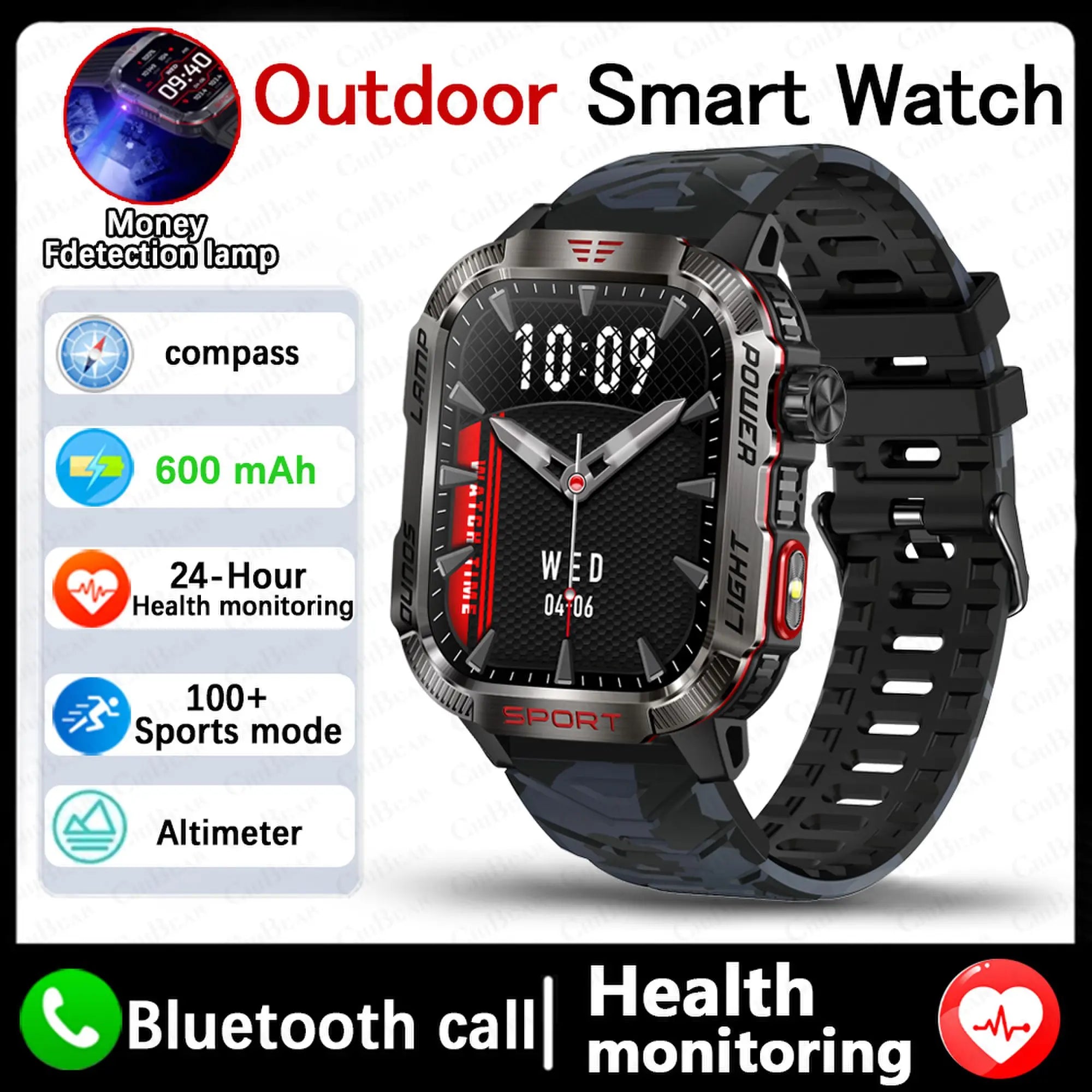 2025 New Outdoor Sport Smart Watch Men Compass LED Flashlight 600mAh Battery Health Monitoring Waterproof BT Call Smartwatch