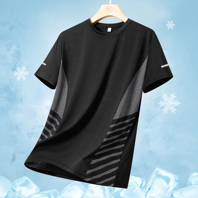 Men's Silk Ice Round Collar T-shirt, Simple Running Fitness Suit, Breathable Thin T-shirt, Quick Dry T-shirt, Summer