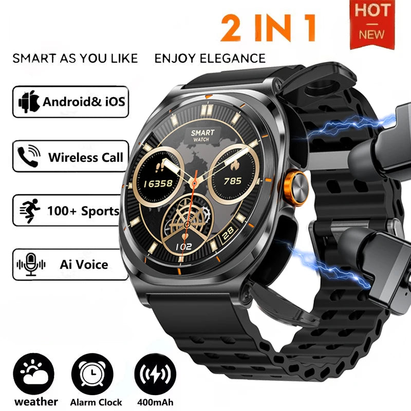 New Popular Wireless Bluetooth watch Men water proof TWS Earphones Dual Earphones Call Health Monitor Sports Music Smartwatch