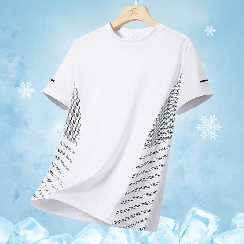 Men's Silk Ice Round Collar T-shirt, Simple Running Fitness Suit, Breathable Thin T-shirt, Quick Dry T-shirt, Summer