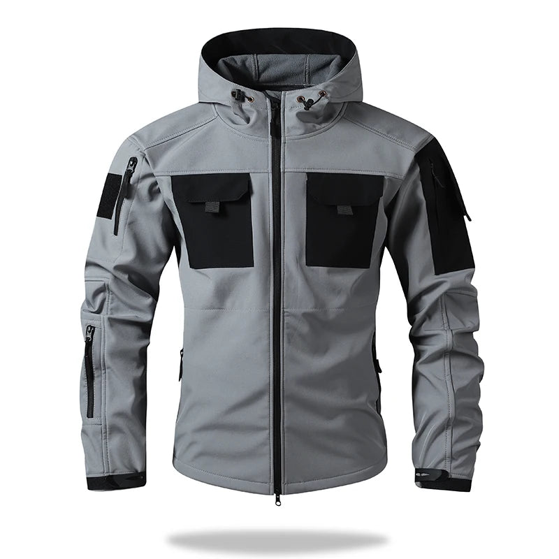 Men's hooded tactical jacket for autumn and winter outdoor windproof waterproof warm hiking camping and fishing durable jacket