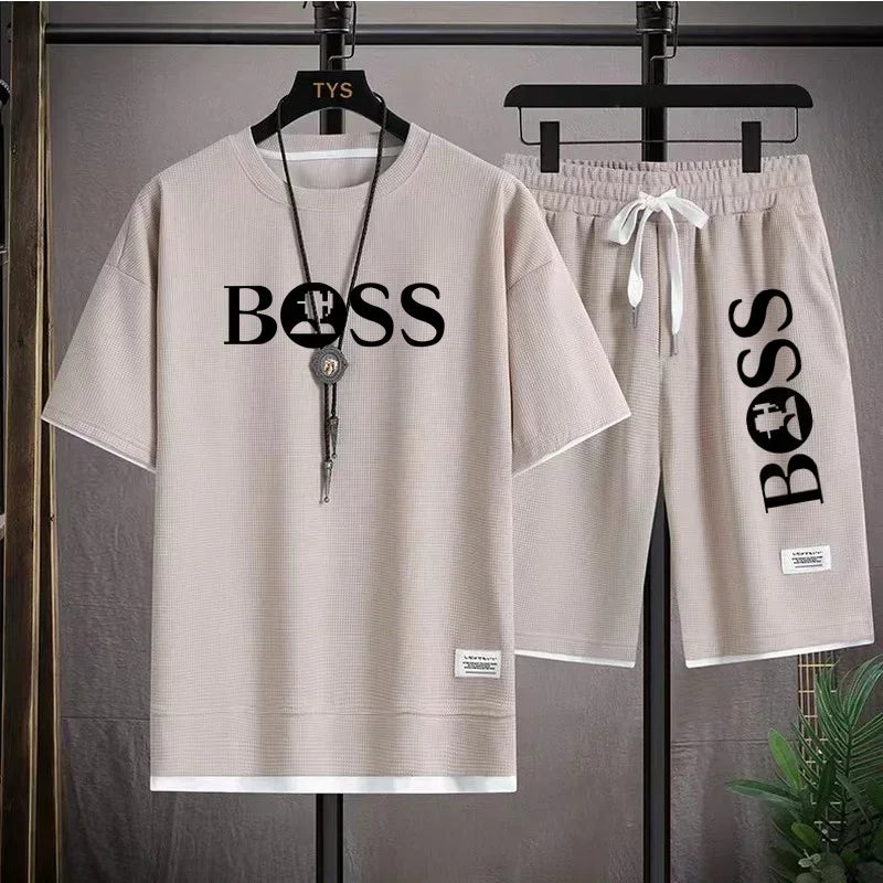 Summer 2025 new men's breathable short sleeve T-shirt + quick drying shorts two-piece outdoor fashion men's sports casual top
