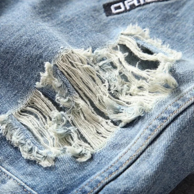 New men's denim jacket embroidered print fashion retro ripped street jacket men