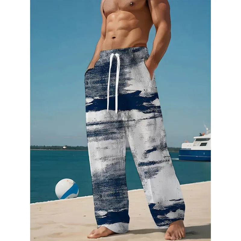 Men'S Fashion Casual Pants Comfortable  3D Printed Patterns Casual Wide-Leg Design Breathable Beach Summer Outdoor Activities