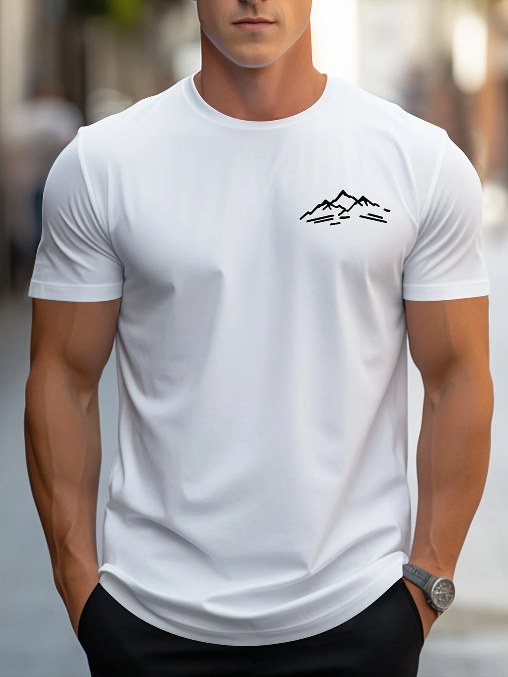 Men's summer 100 cotton fashionable casual sports loose plus size mountain pattern printed round neck short sleeved T-shirt
