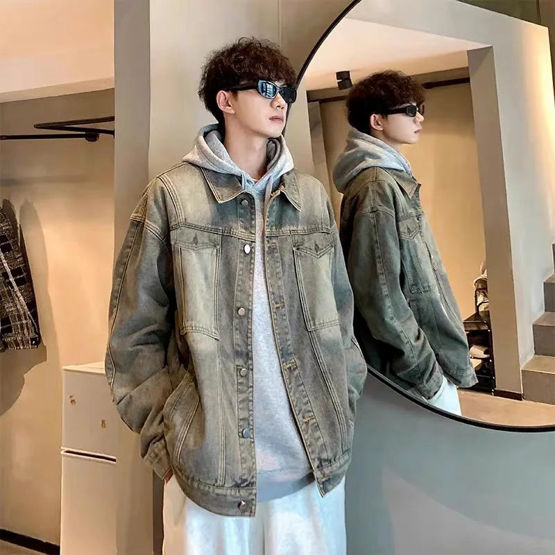 Trendy Men's Denim Jacket Autumn Winter, Ripped & Patchwork Design, Oversized Fit, Urban Street Style, Unisex