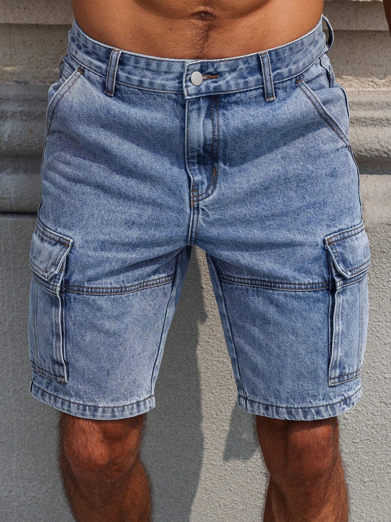 Men's summer blue regular denim shorts. Multi-pocket design. Stylish and casual.
