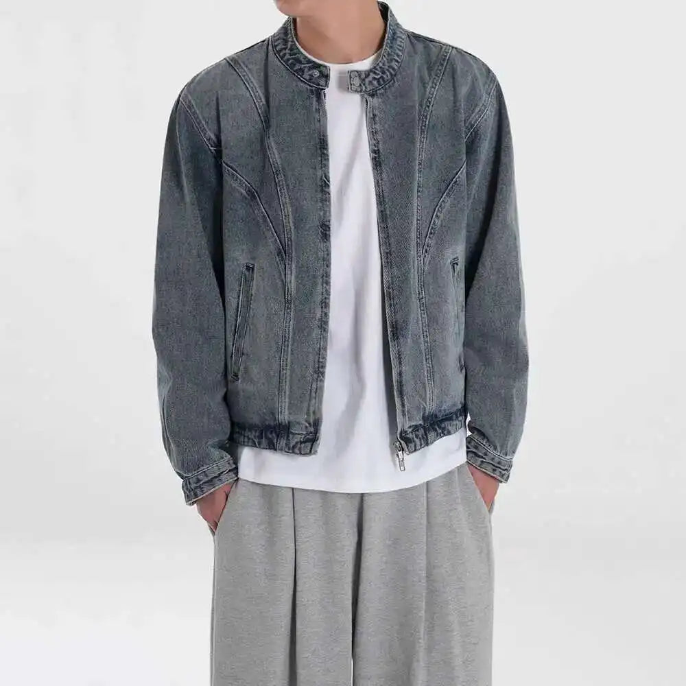 Korean Style Men's Wear Stand Collar Short Denim Jackets Niche Design Male Loose Zipper Coats New 2025 Autumn