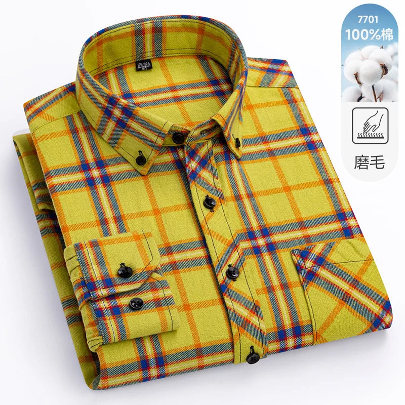 Men's 100% Pure Cotton Flannel Soft Regular-fit Long Sleeve Brushed  Shirt Single Pocket Comfortable Casual Plaid  Shirts S-8XL