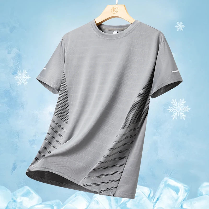 Men's Silk Ice Round Collar T-shirt, Simple Running Fitness Suit, Breathable Thin T-shirt, Quick Dry T-shirt, Summer