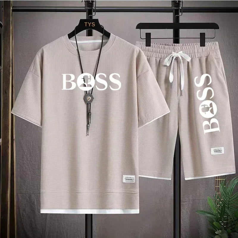 Summer 2025 new men's breathable short sleeve T-shirt + quick drying shorts two-piece outdoor fashion men's sports casual top