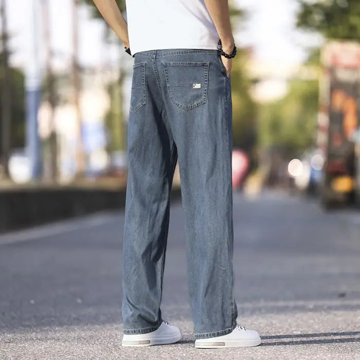 2025 New Ice Silk Thin Denim Jeans For Men Blue Straight Stretch Cotton Pants Business Casual Lightweight Trousers Spring Summer