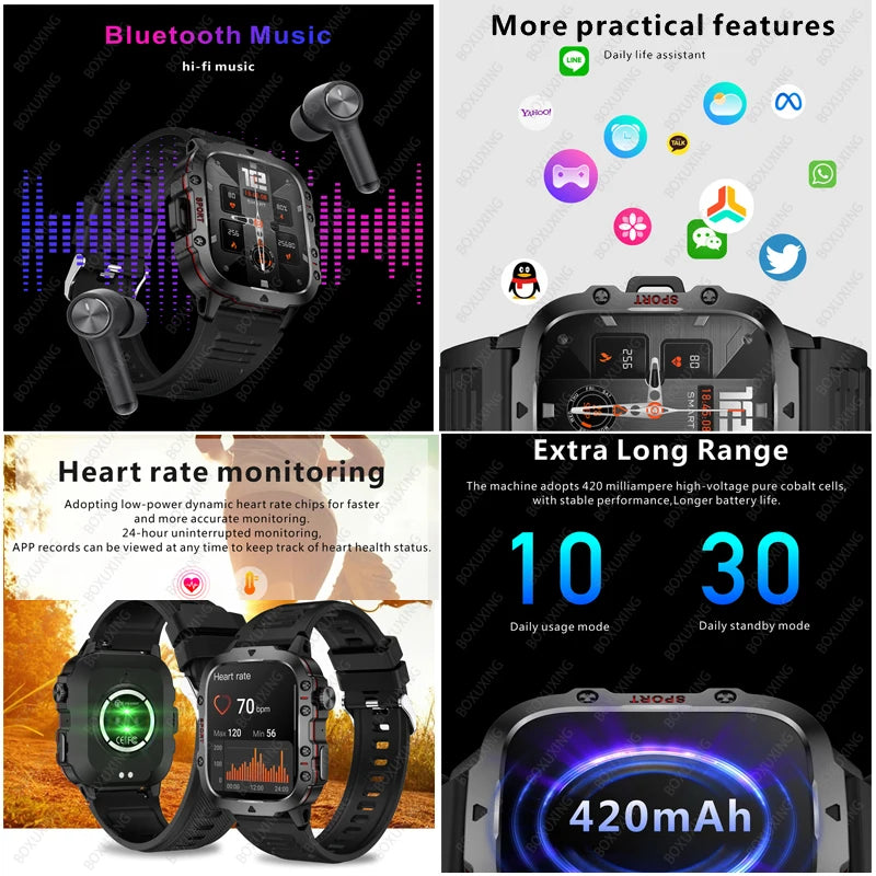 2025 New 3TAM Waterproof Smart Watch Men Outdoor Sports Fitness Tracker Health Monitor 1.96"HD BT Call Waterproof Smartwatch
