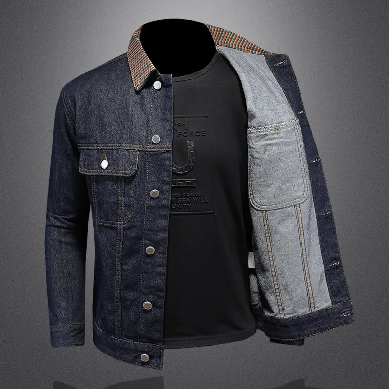 Classic Wash Denim Coat Men Patchwork Collar Men's Coat  Denim Jacket  Tech-wear Coat