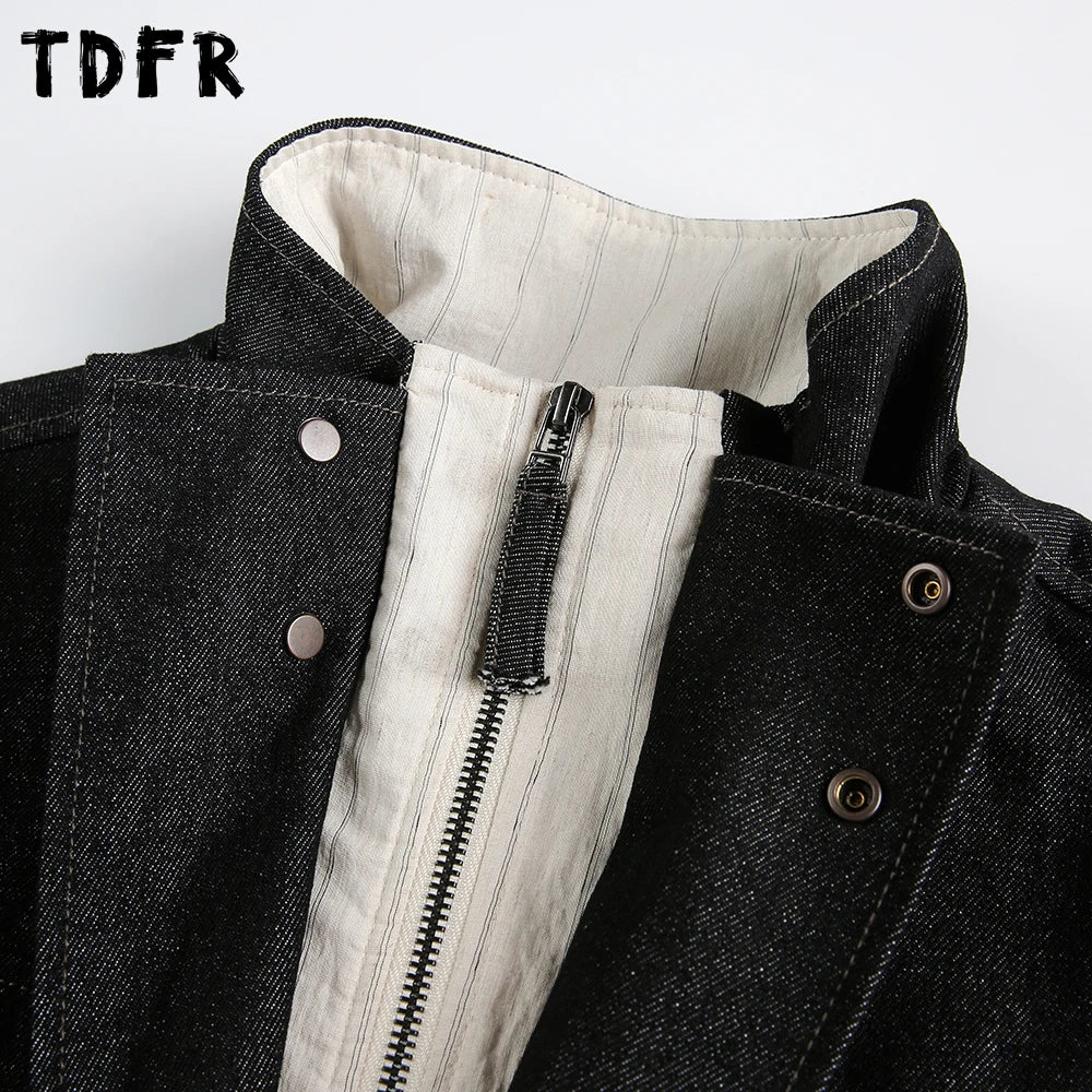 Pocket Fake Two Pieces Denim Jacket Mens Spliced Retro Casual Stand Collar Long Sleeve Outerwear Man