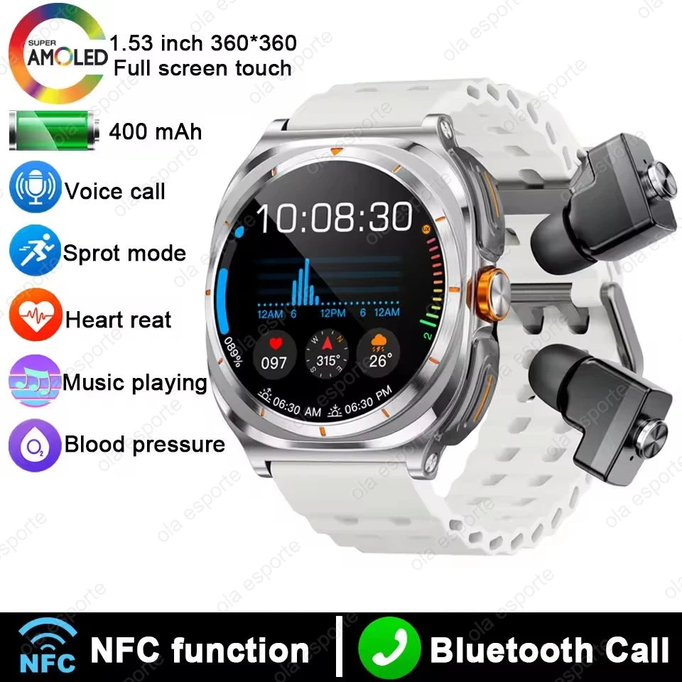 New GT98 Smart Watch TWS Headset 2 In 1 AMOLED Wireless Headset Bluetooth Call Outdoor Sport Music Health Monitor Smartwatch Men
