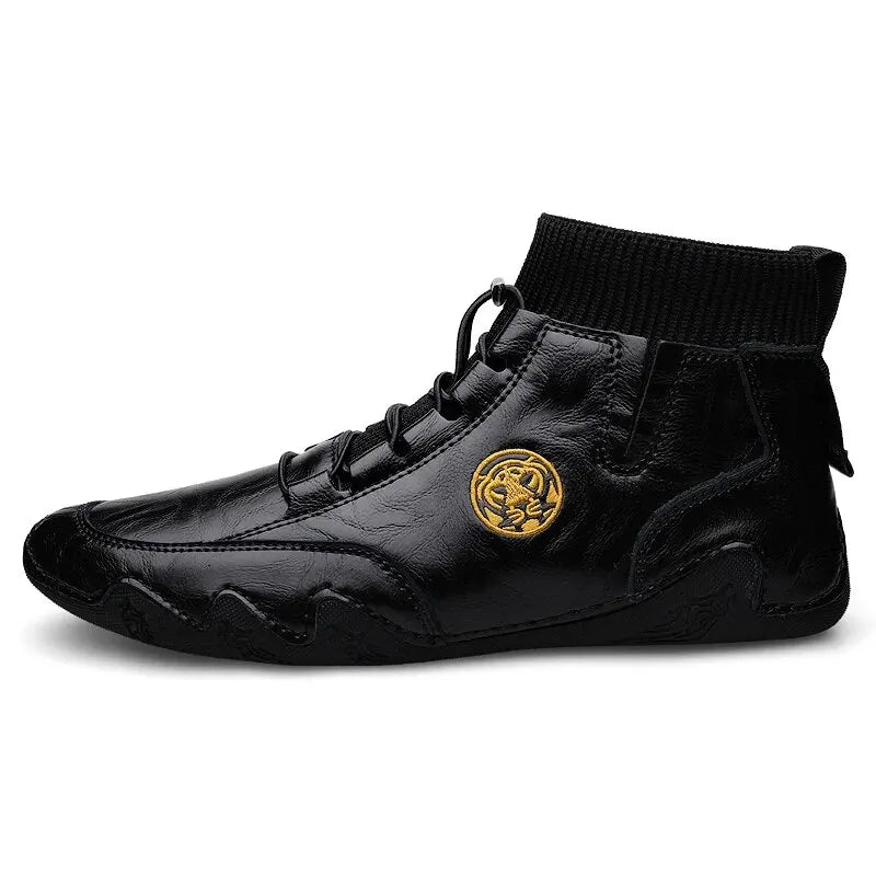CLOHOO Men's Wear-resistant Boots Casual Classic Genuine Leather Handmade Shoes Ankle Round Toe Lace Up Walking Business Boot