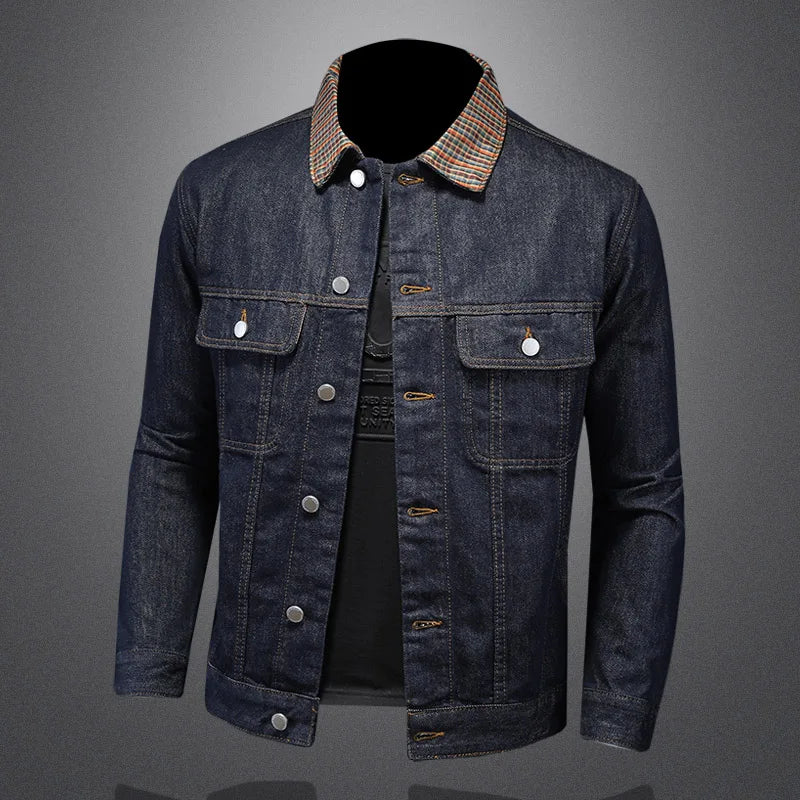 Classic Wash Denim Coat Men Patchwork Collar Men's Coat  Denim Jacket  Tech-wear Coat