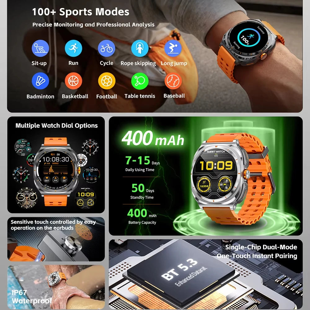 New Popular Wireless Bluetooth watch Men water proof TWS Earphones Dual Earphones Call Health Monitor Sports Music Smartwatch