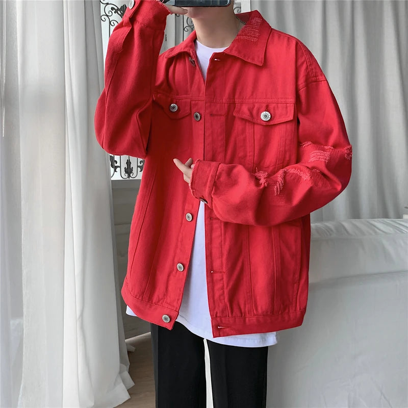 New Autumn Men's Jeans Jackets Slim Fit Cotton Denim Jacket Red White Black Ripped Hole Jean Coats Mens Outwear Plus size M-5XL
