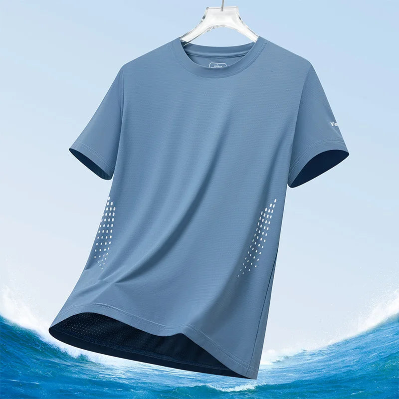 Men's Silk Ice Round Collar T-shirt, Simple Running Fitness Suit, Breathable Thin T-shirt, Quick Dry T-shirt, Summer
