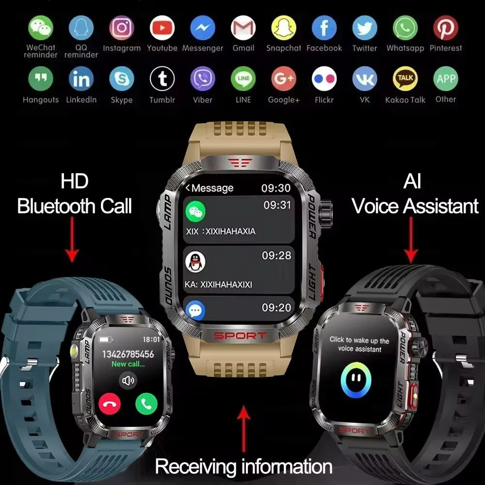2025 New Outdoor Sport Smart Watch Men Compass LED Flashlight 600mAh Battery Health Monitoring Waterproof BT Call Smartwatch