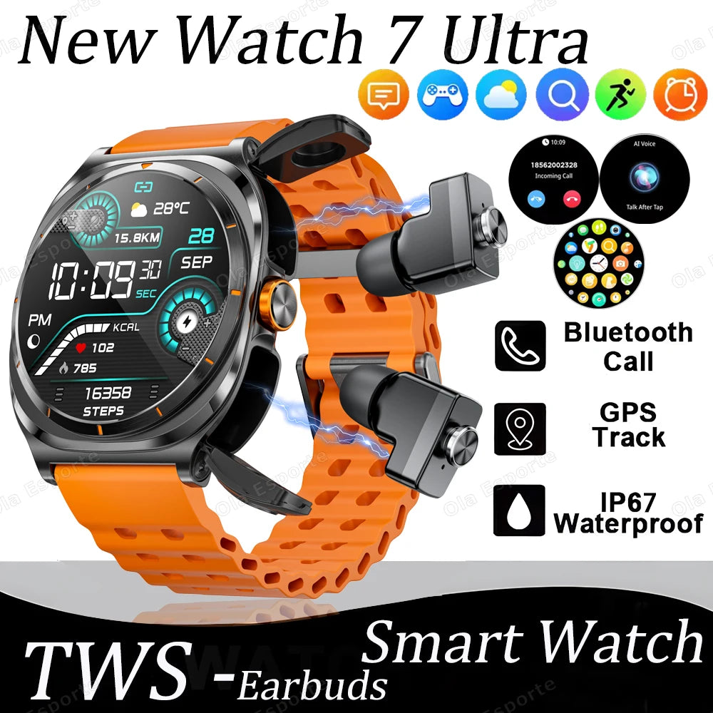 New GT98 Smart Watch TWS Headset 2 In 1 AMOLED Wireless Headset Bluetooth Call Outdoor Sport Music Health Monitor Smartwatch Men