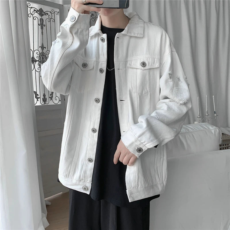 New Autumn Men's Jeans Jackets Slim Fit Cotton Denim Jacket Red White Black Ripped Hole Jean Coats Mens Outwear Plus size M-5XL