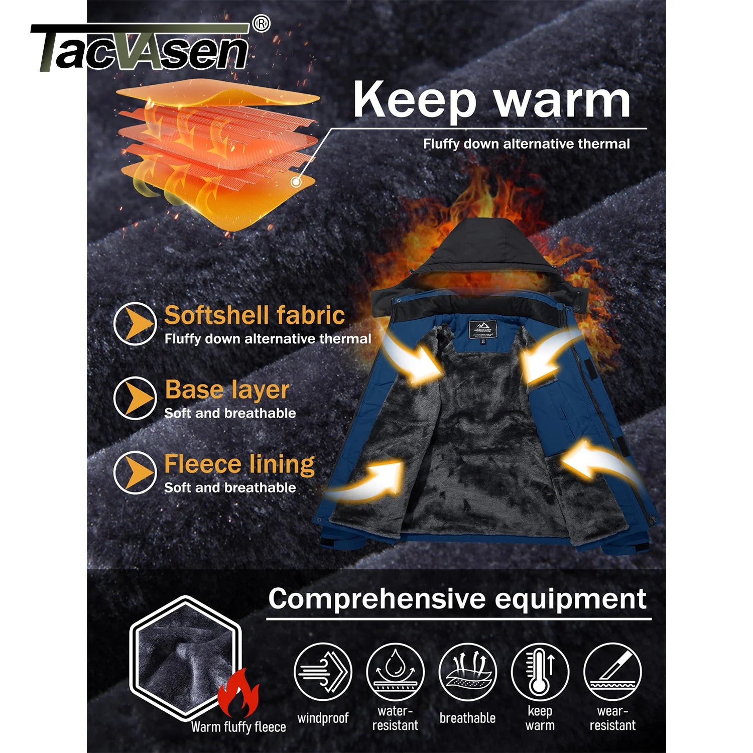 TACVASEN Winter Fleece Lined Jacket Men's Fleece Lining Coats Thermal Warm Jacket Hiking Walking Jacket Outdoor Windbreaker Male