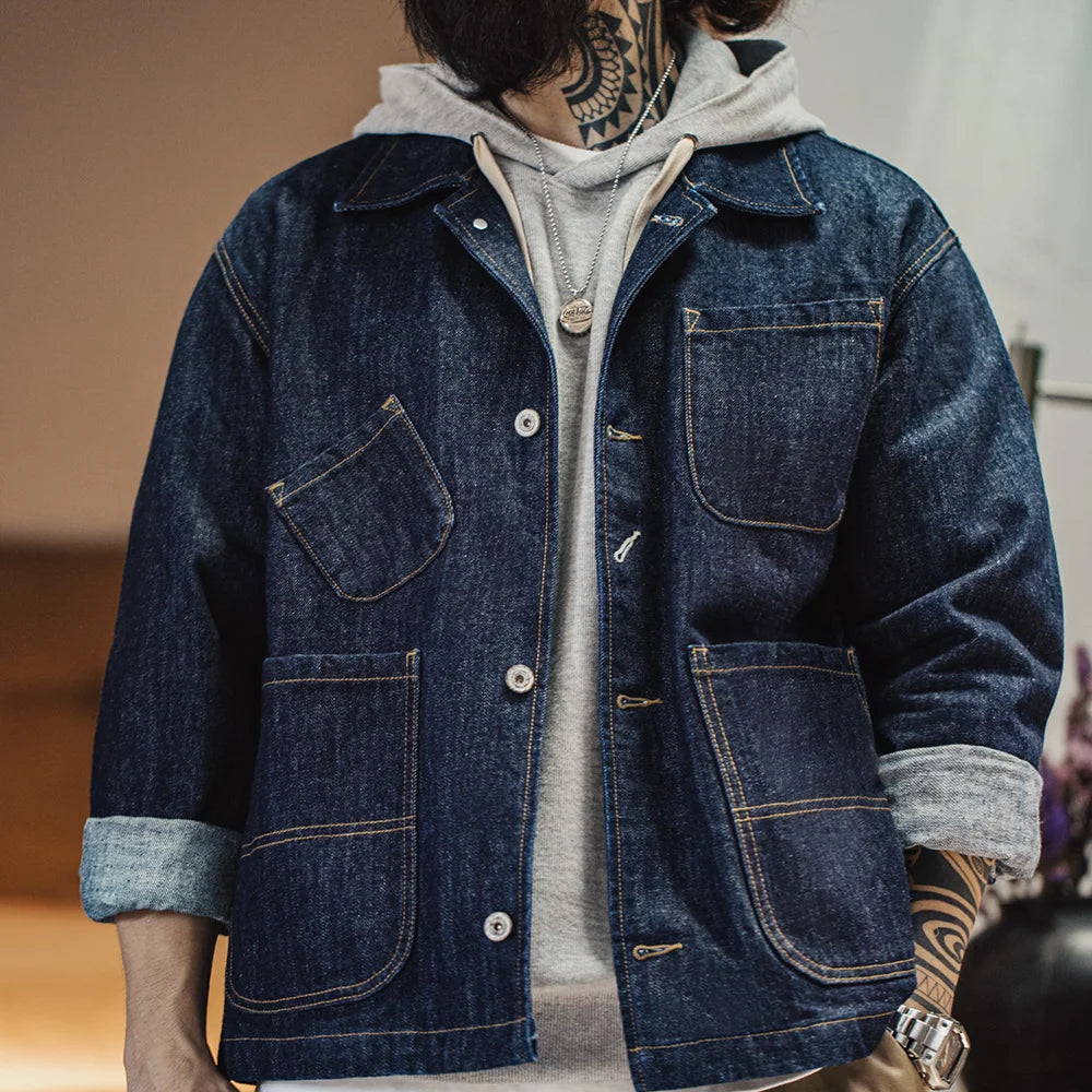 Maden Vintage Asymmetrical Four-pocket 14oz Denim Jacket Lapel Single-breasted Jacket Navy Blue Cotton Work Coat for Men's Fall