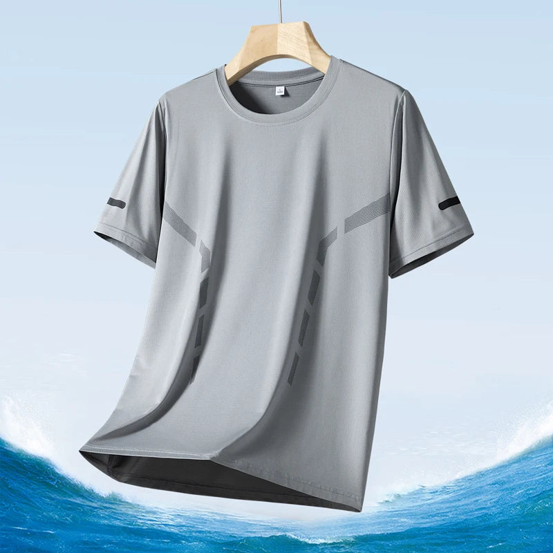 Men's Silk Ice Round Collar T-shirt, Simple Running Fitness Suit, Breathable Thin T-shirt, Quick Dry T-shirt, Summer
