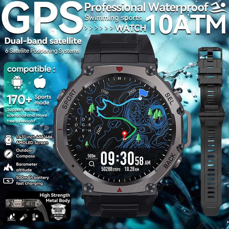 T-Rex 3 Built-in Dual-band GPS Smart Watch Men Smartwatch Compass Altimeter Barometric 5ATM IP69K Waterproof AMOLED HD Watches