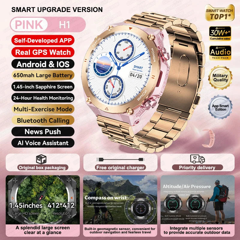 2024 New GPS Smart Watch 1.45" Ultra HD Display Built-in GPS & Compass Make/Receive Phone Calls 650mAh Battery Smart Braceletes