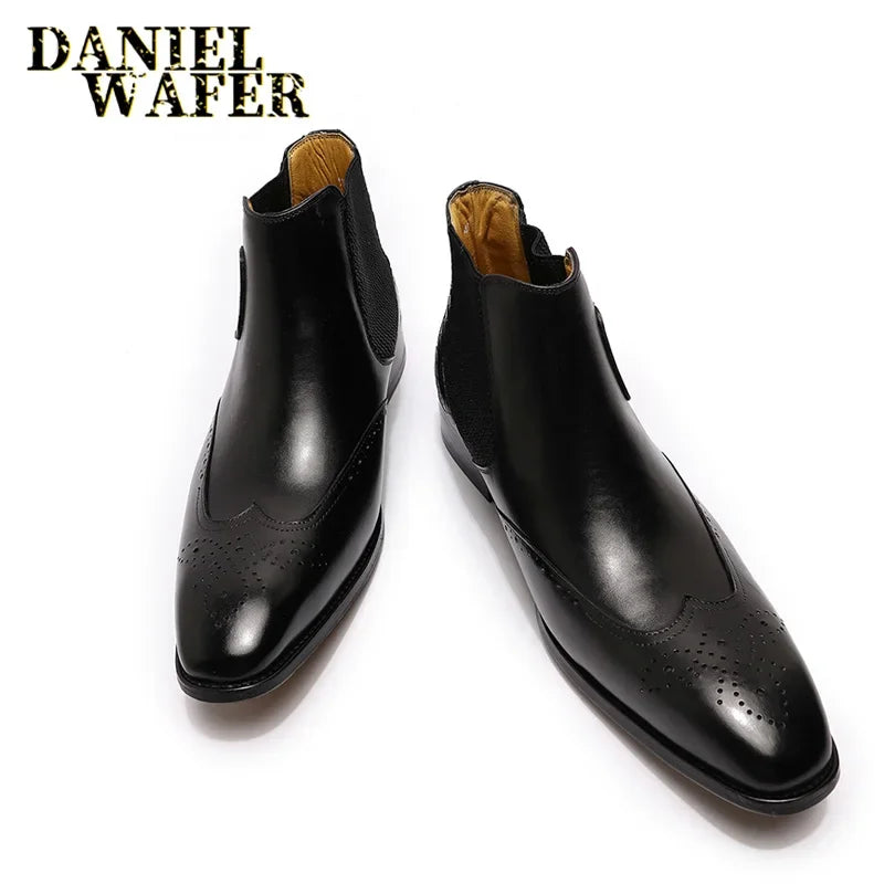 Men's Luxury Genuine Leather Chelsea Boots Ankle High Grade Slip-On Buckle Strap Wingtip Brown Black Basic Shoes