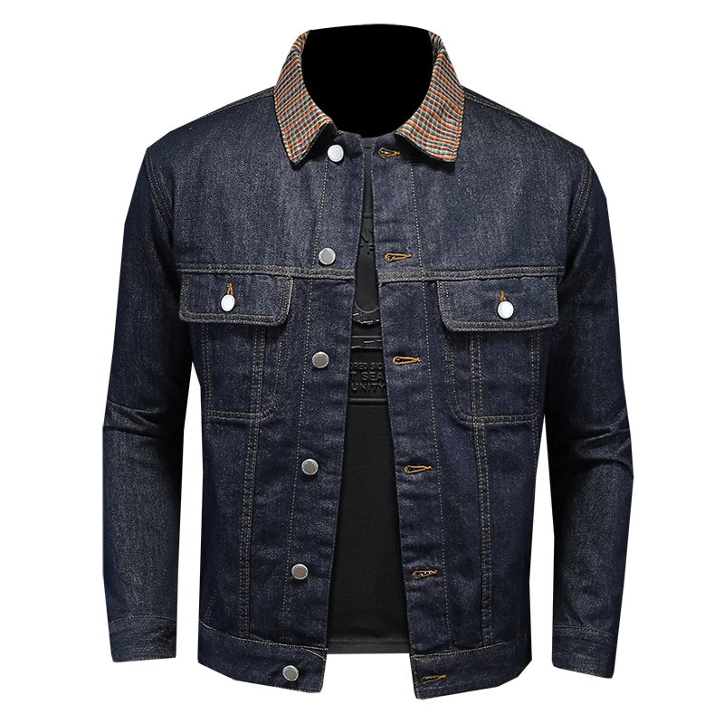 Classic Wash Denim Coat Men Patchwork Collar Men's Coat  Denim Jacket  Tech-wear Coat