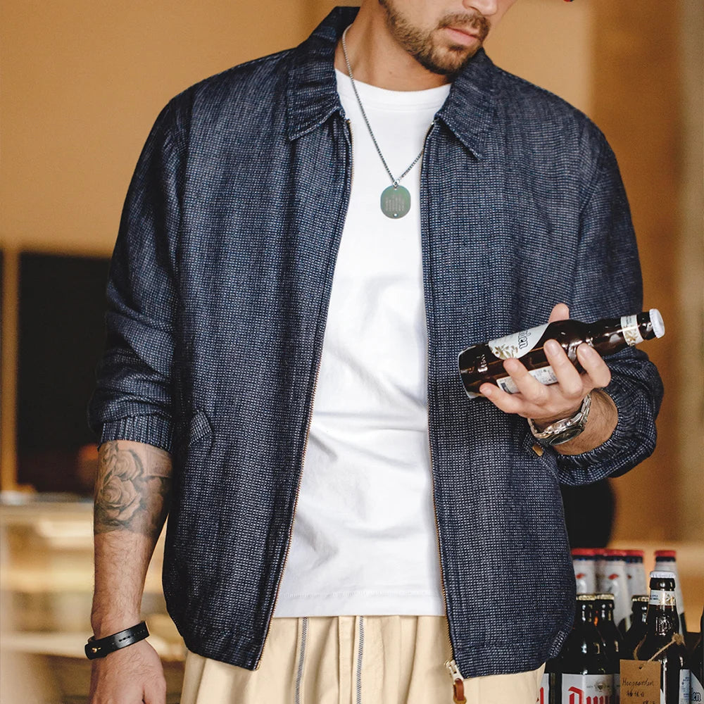 Maden New Vintage Denim Jacket Loose Fit Lapel Zipper Jacket for Men’s Spring and Autumn Fashion Short Blue Versatile Coats