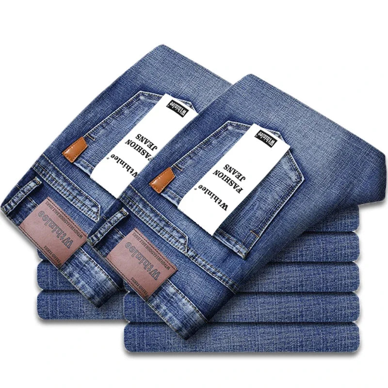 2-piece Set  WhinLEE Black and Blue Business Elite Jeans, Summer Micro Elastic Straightleg Multicraft High-quality Denim Pants