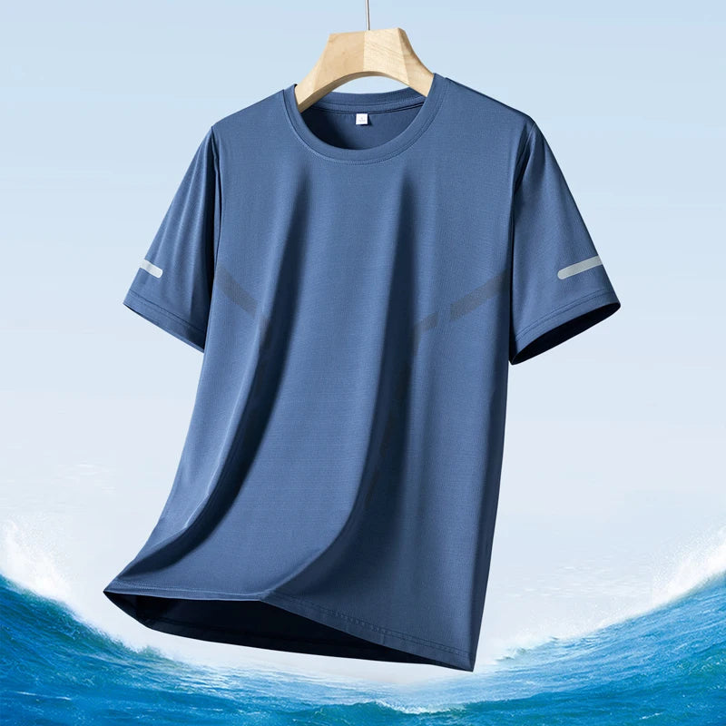 Men's Silk Ice Round Collar T-shirt, Simple Running Fitness Suit, Breathable Thin T-shirt, Quick Dry T-shirt, Summer