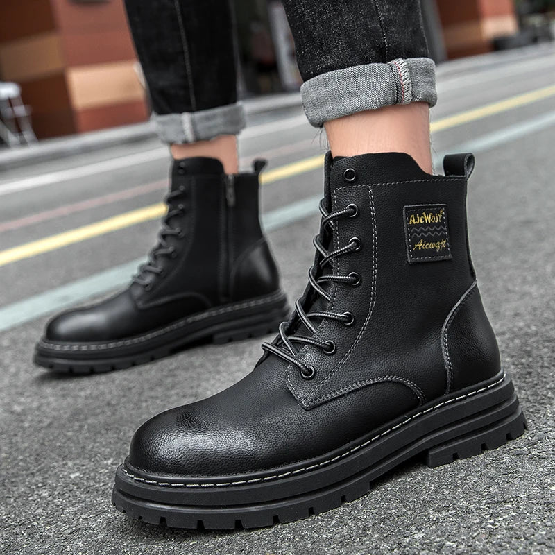 Men winter high top genuine leather boots couple anti-slip motorcycle boots lace-up shoes fashion zipper men boots large size 47
