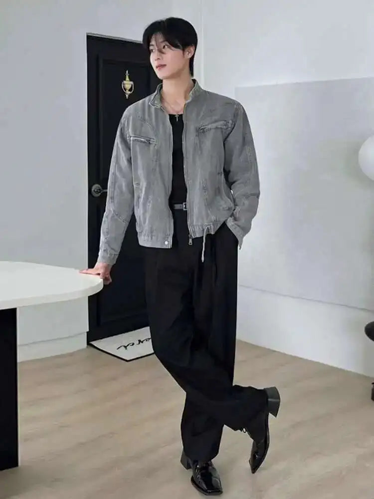 Stand Collar Solid Color Men's Denim Jackets Zipper Patchwork Korean Style Casual Tops Loose Short Male Coat 2025 Autumn