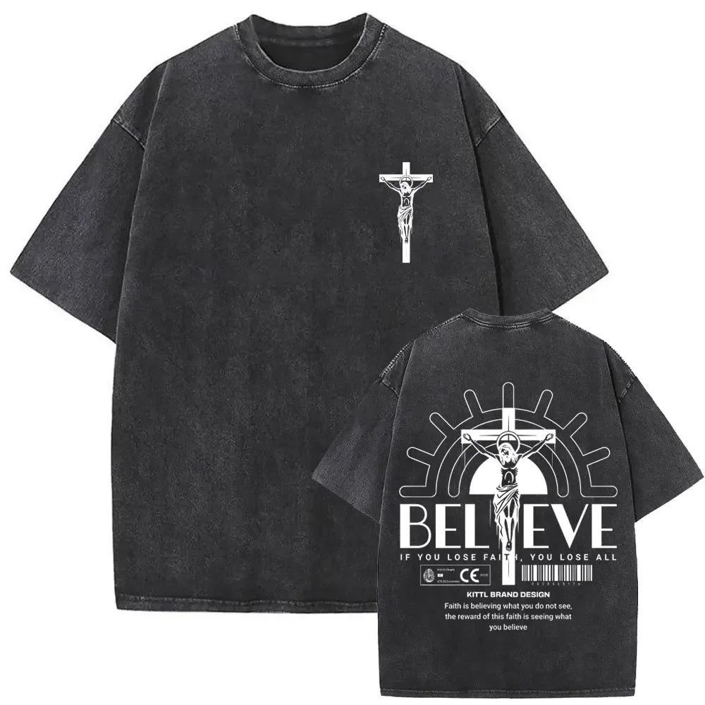 Christian Religious Jesus Forgive Them Father Vintage Washed T-shirt Men Women Gothic Rock Oversized T Shirts Tops Streetwear