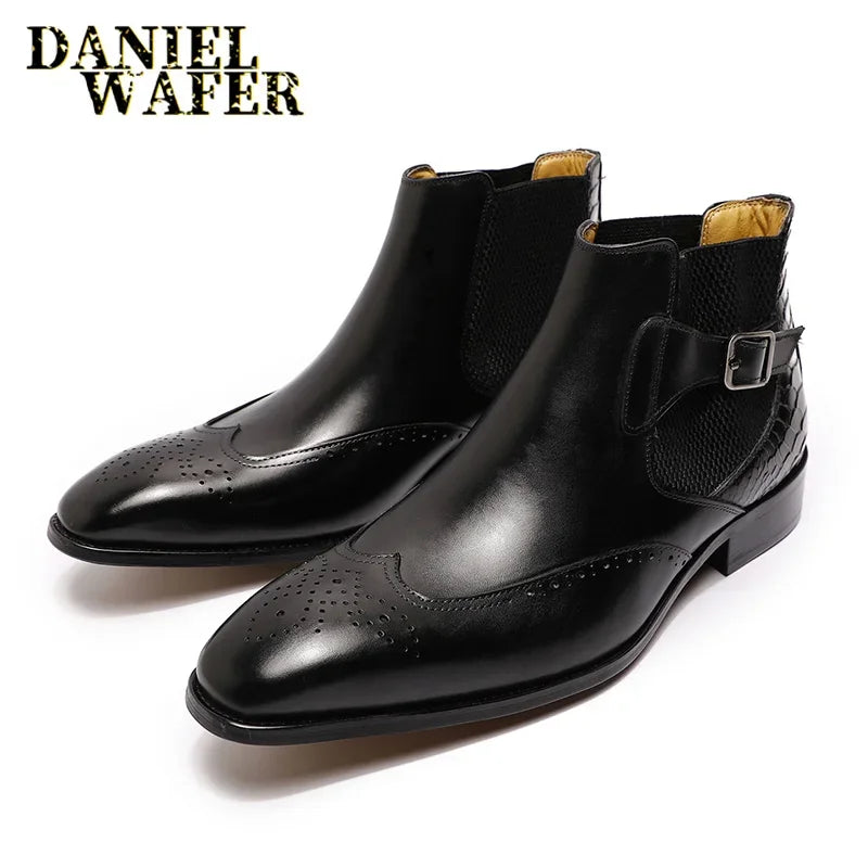 Men's Luxury Genuine Leather Chelsea Boots Ankle High Grade Slip-On Buckle Strap Wingtip Brown Black Basic Shoes